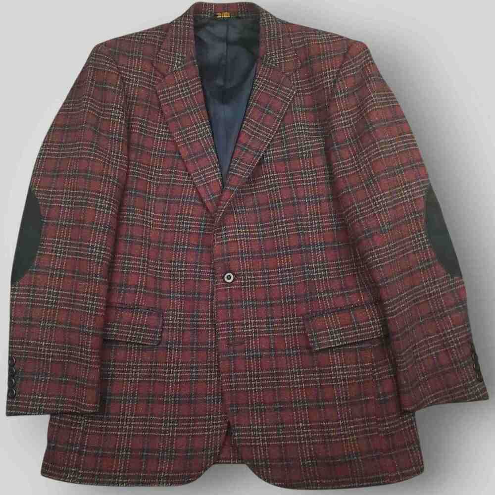 Vtg 70s Ivy Style Tweed Wool Sport Coat Mens 42R Elbow Patch Tartan Plaid USA